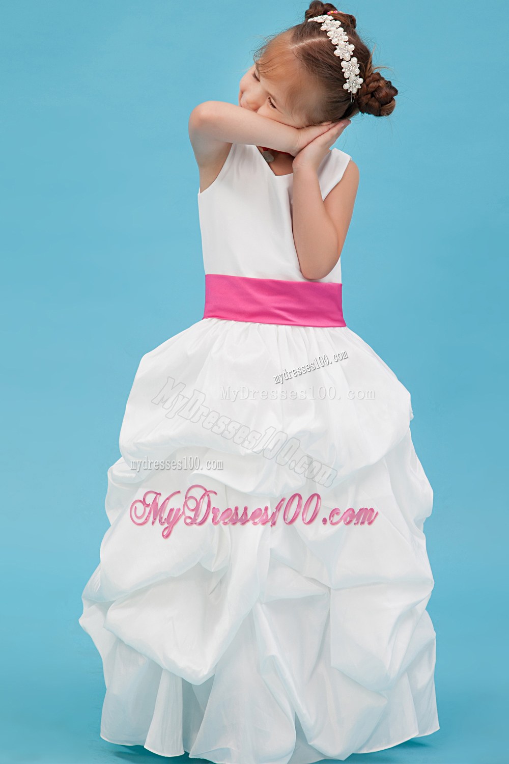 White V-neck Floor-length Sash Flower Girl Dress