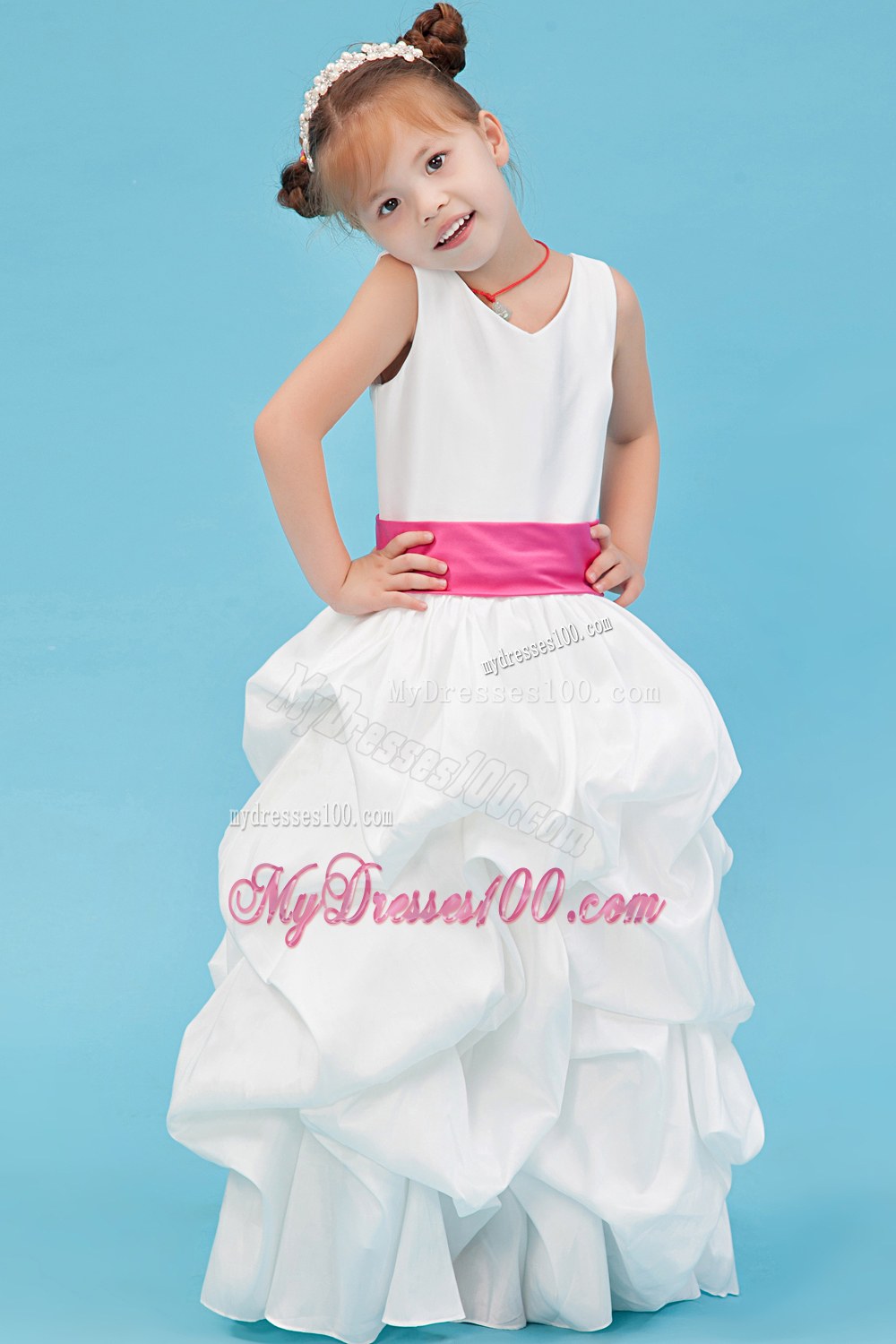 White V-neck Floor-length Sash Flower Girl Dress