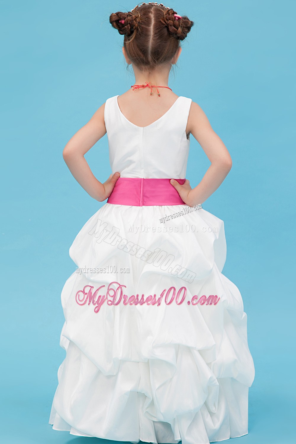 White V-neck Floor-length Sash Flower Girl Dress