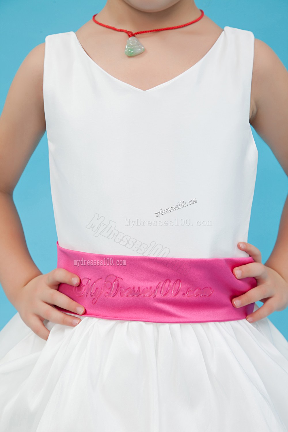 White V-neck Floor-length Sash Flower Girl Dress