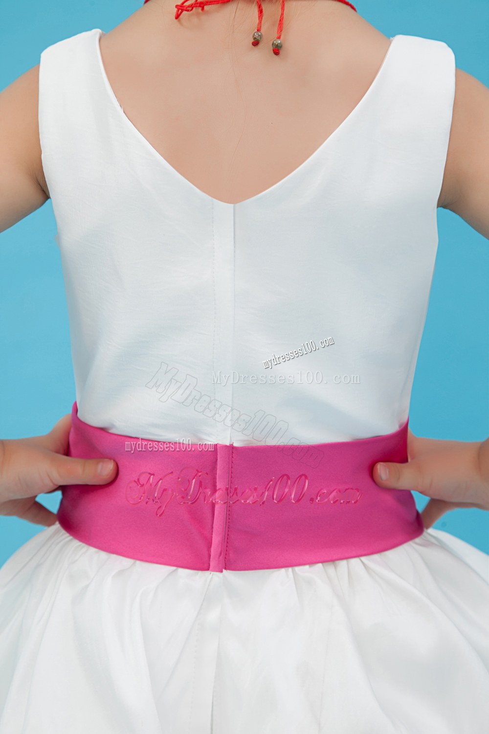 White V-neck Floor-length Sash Flower Girl Dress