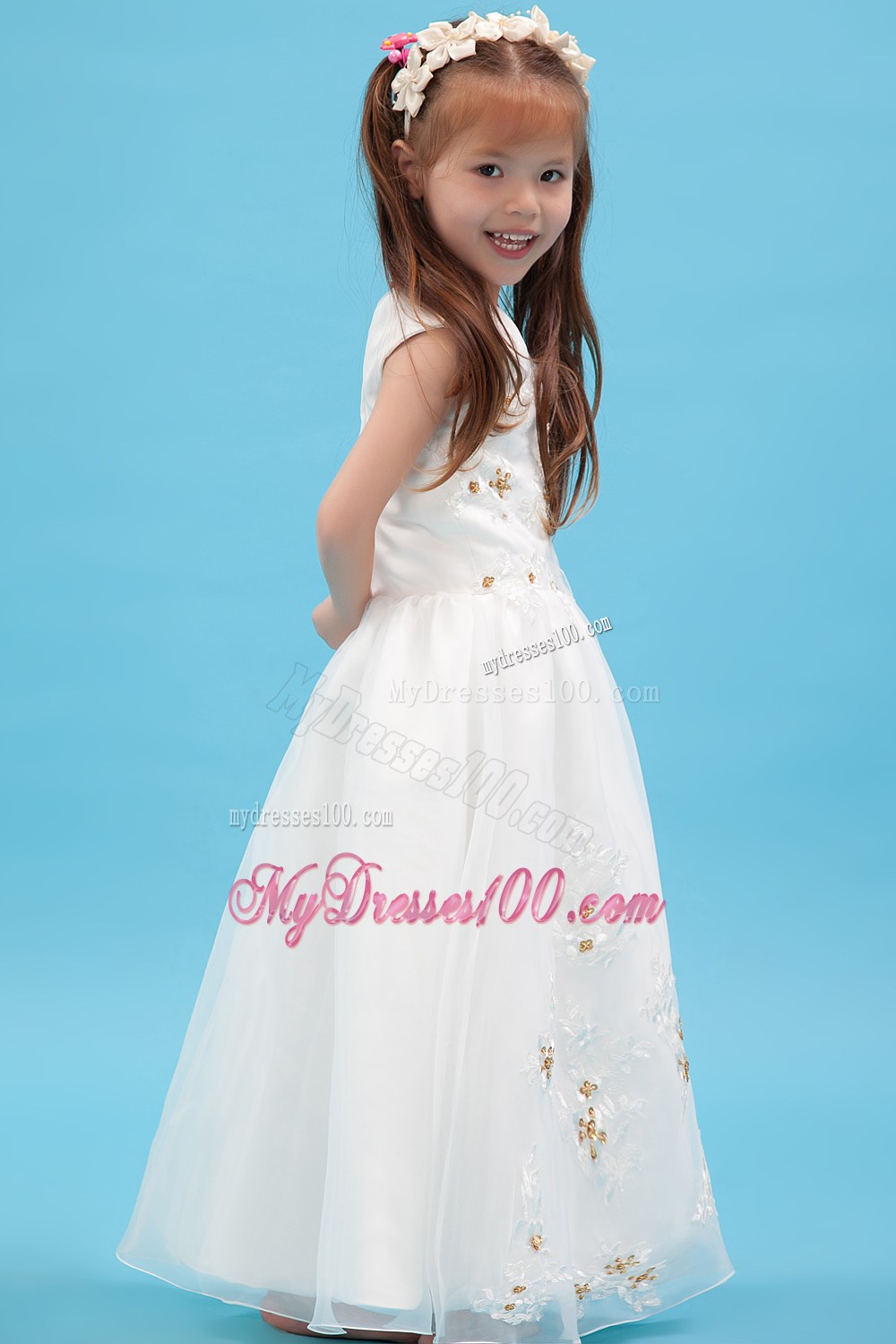 White V-neck Floor-length Appliques Flower Girl Dress