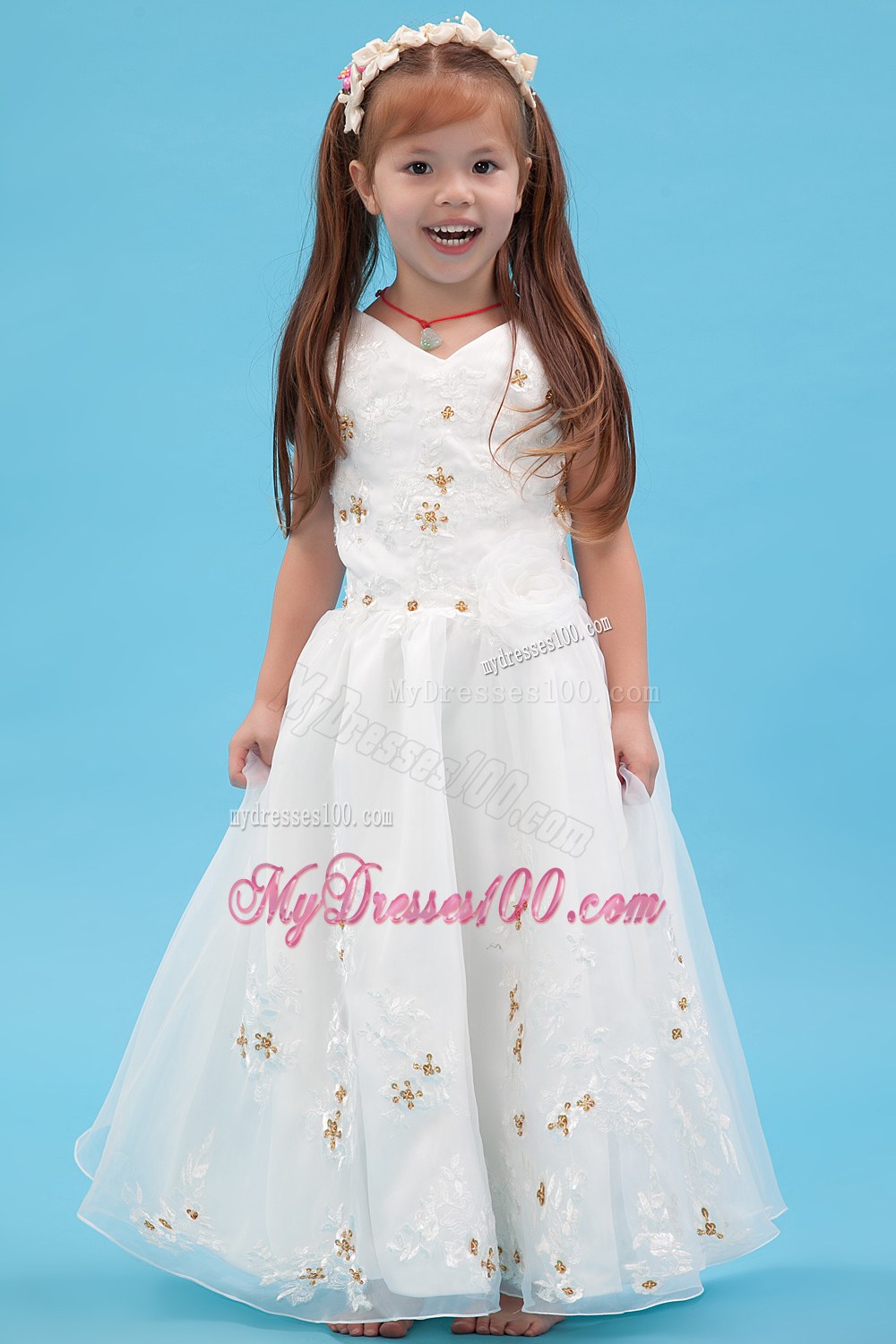 White V-neck Floor-length Appliques Flower Girl Dress
