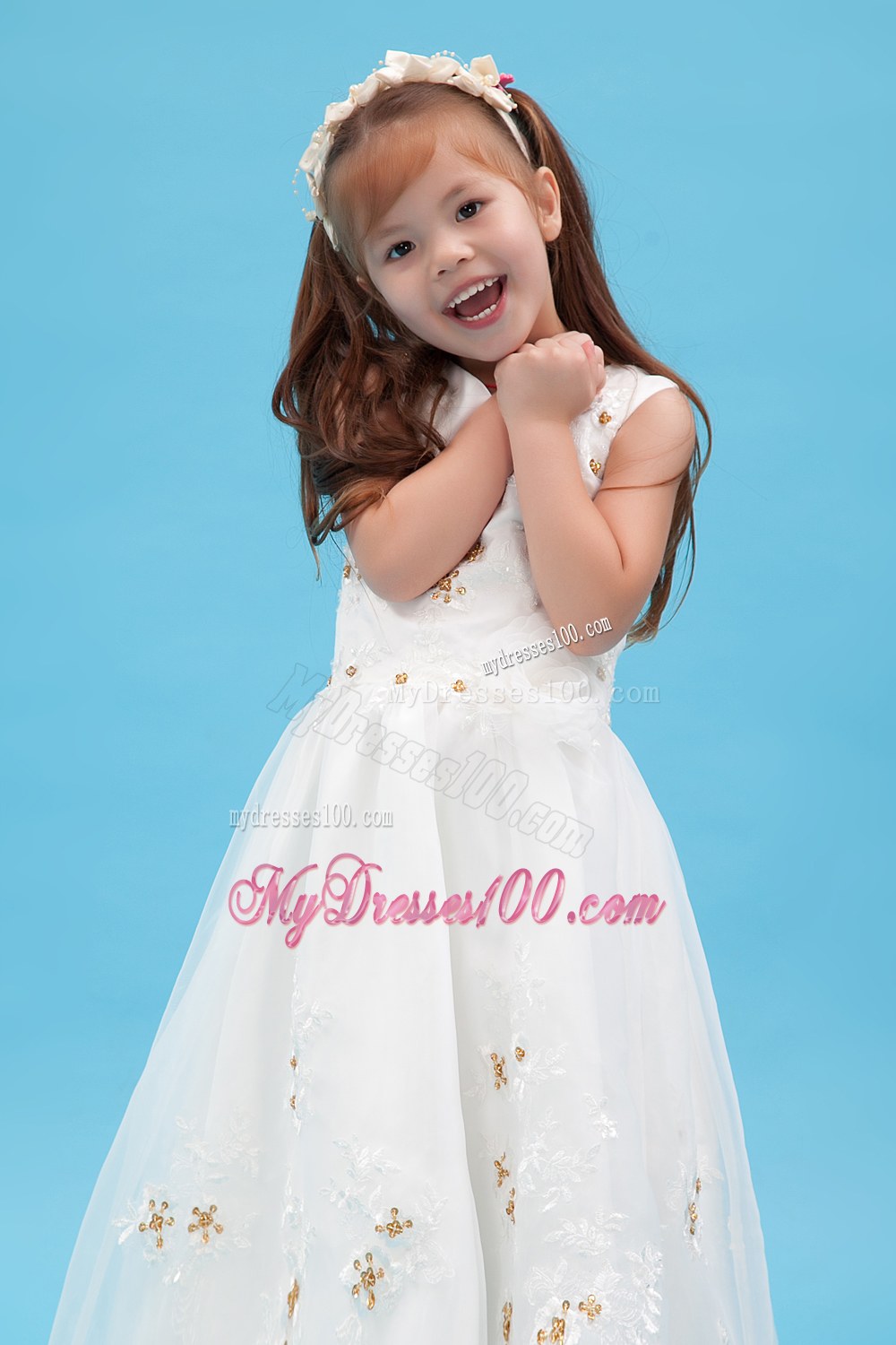 White V-neck Floor-length Appliques Flower Girl Dress