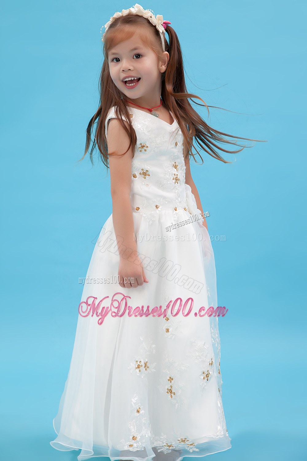 White V-neck Floor-length Appliques Flower Girl Dress