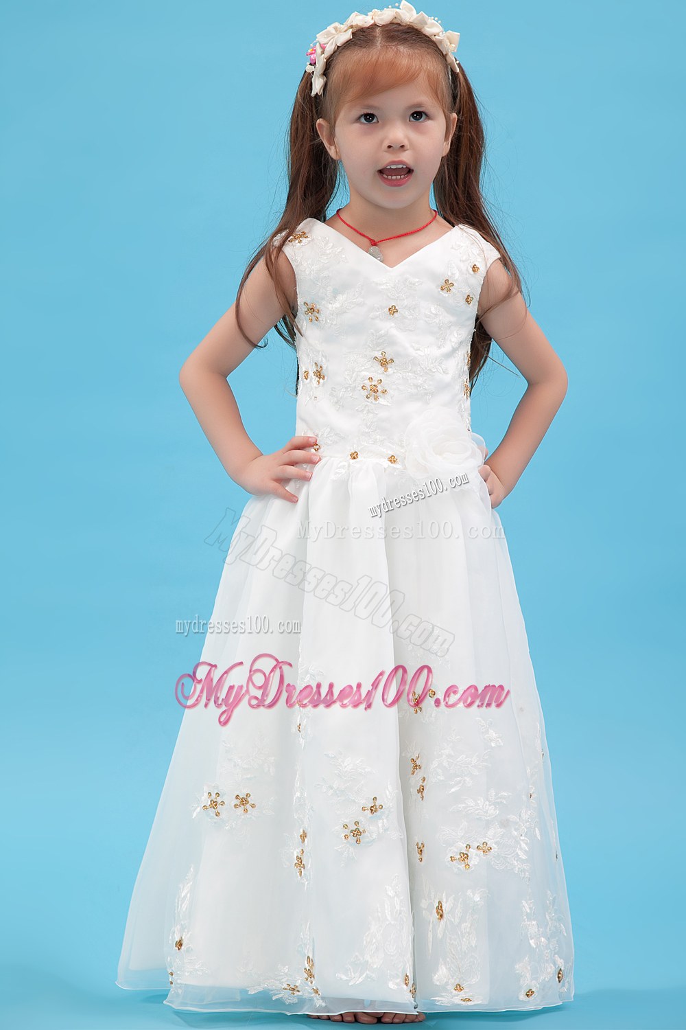 White V-neck Floor-length Appliques Flower Girl Dress