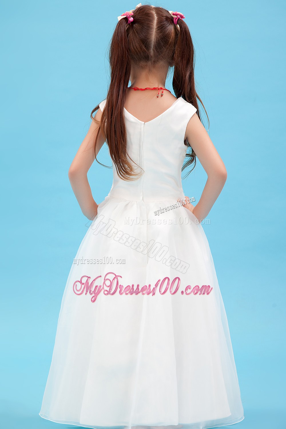 White V-neck Floor-length Appliques Flower Girl Dress