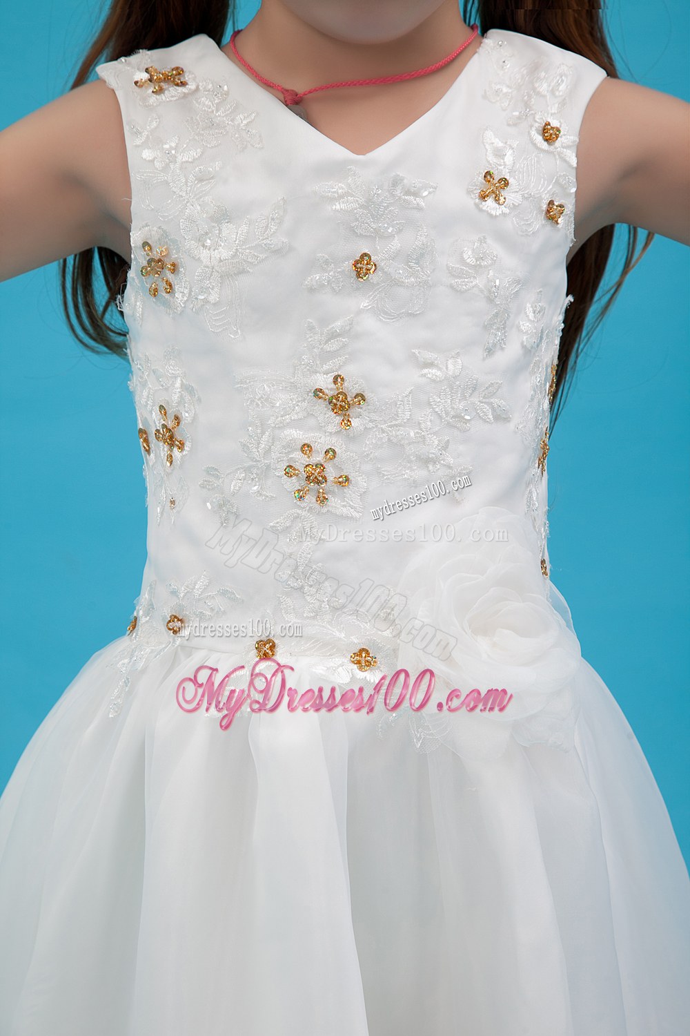 White V-neck Floor-length Appliques Flower Girl Dress