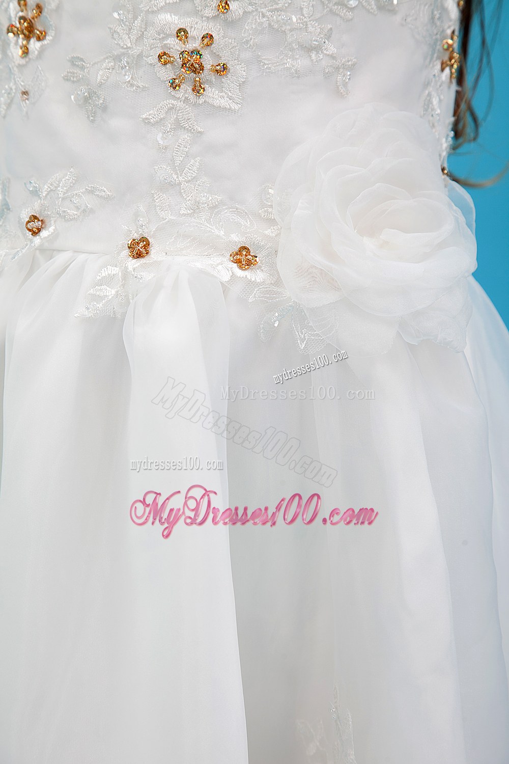 White V-neck Floor-length Appliques Flower Girl Dress