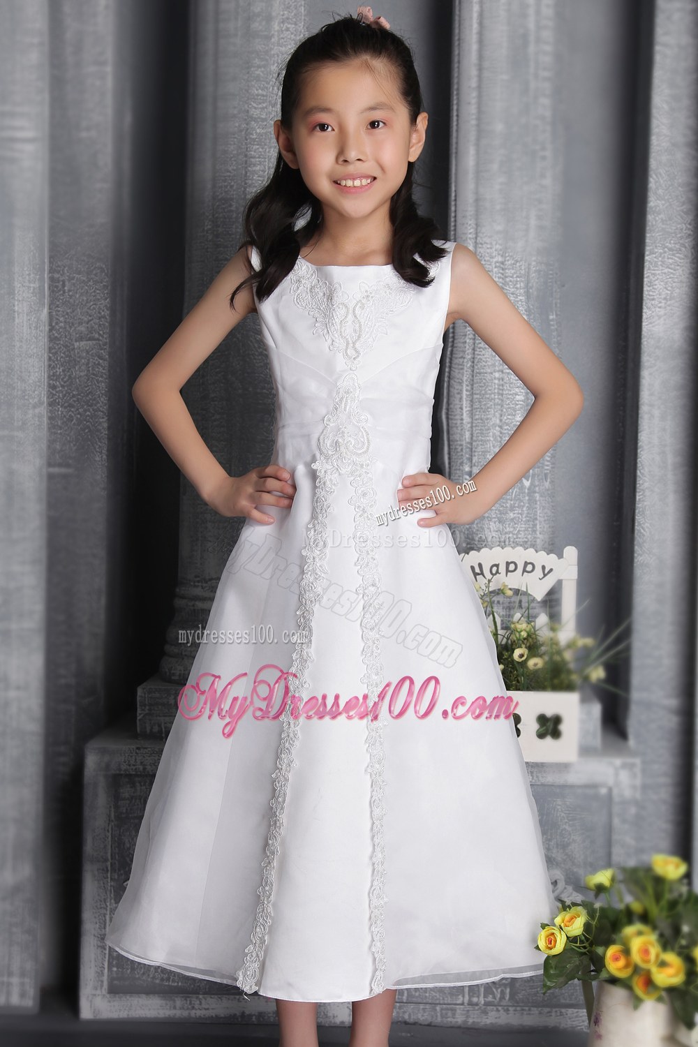 White Column Sheath Scoop Tea-length Beading Flower Girl Dress