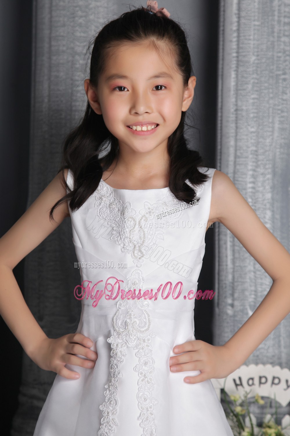 White Column Sheath Scoop Tea-length Beading Flower Girl Dress
