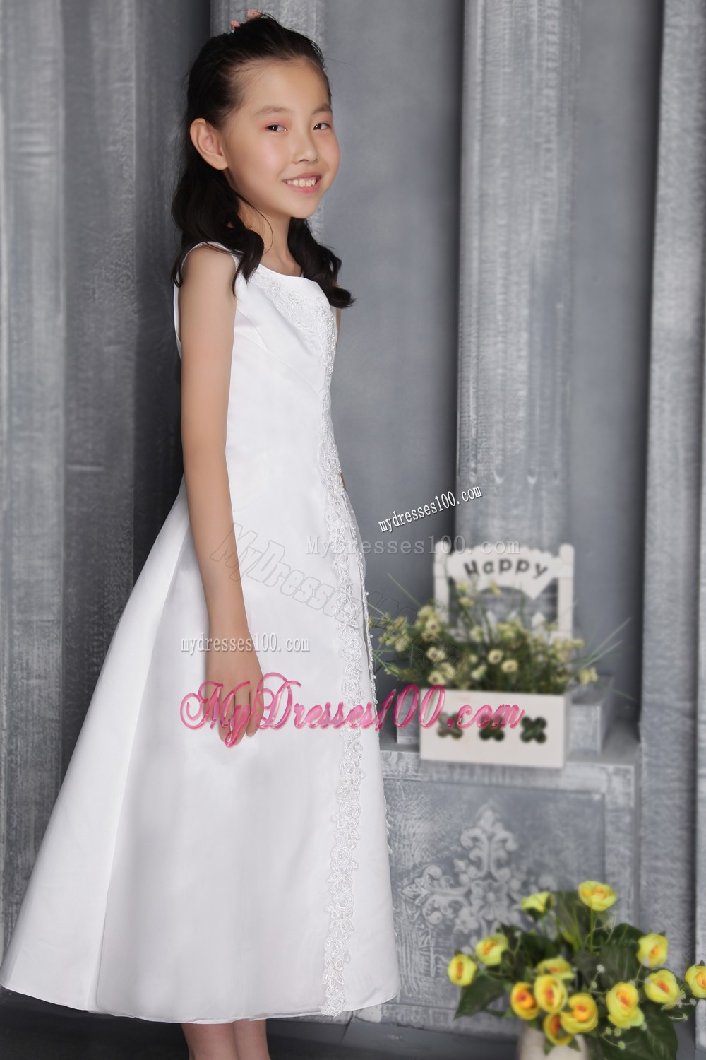White Column Sheath Scoop Tea-length Beading Flower Girl Dress