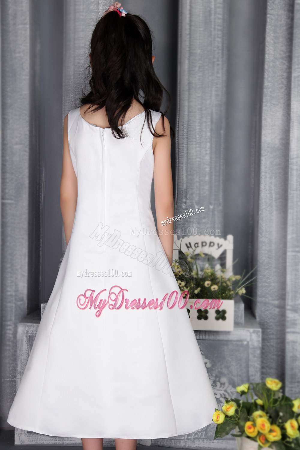 White Column Sheath Scoop Tea-length Beading Flower Girl Dress