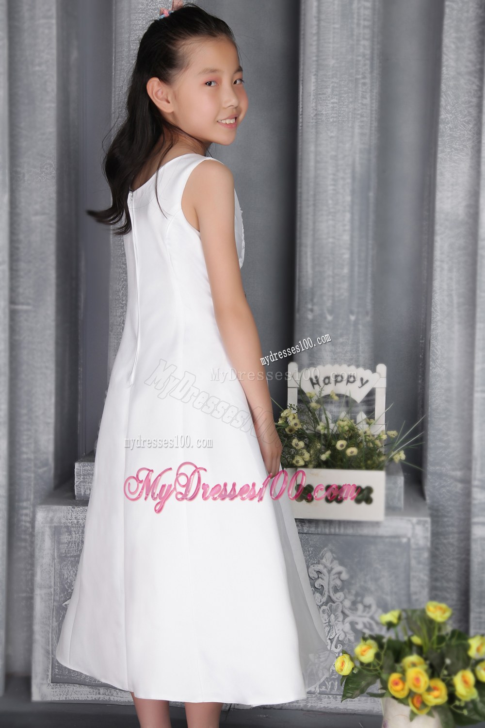 White Column Sheath Scoop Tea-length Beading Flower Girl Dress
