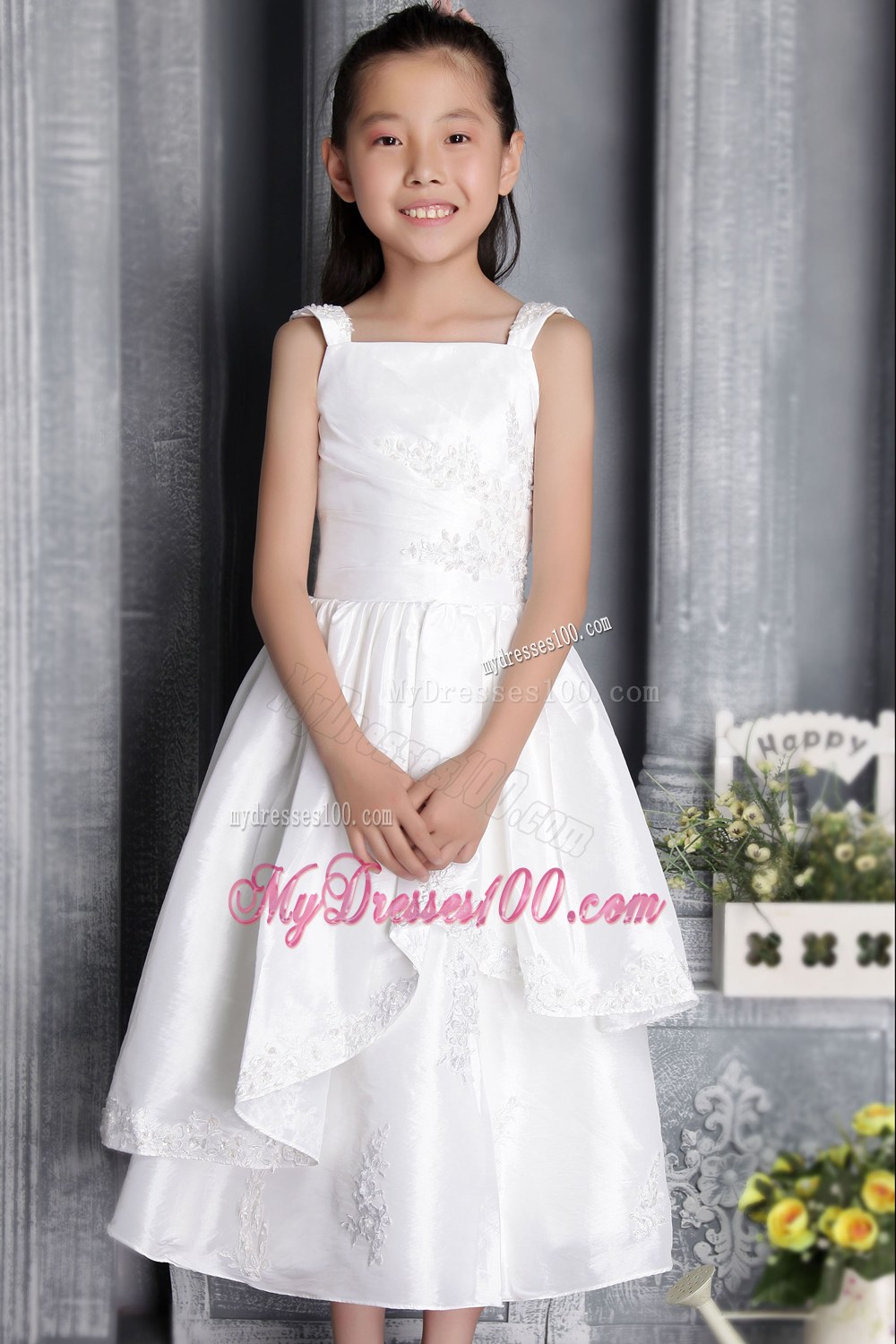 White Column Sheath Square Tea-length Appliques Flower Girl Dress