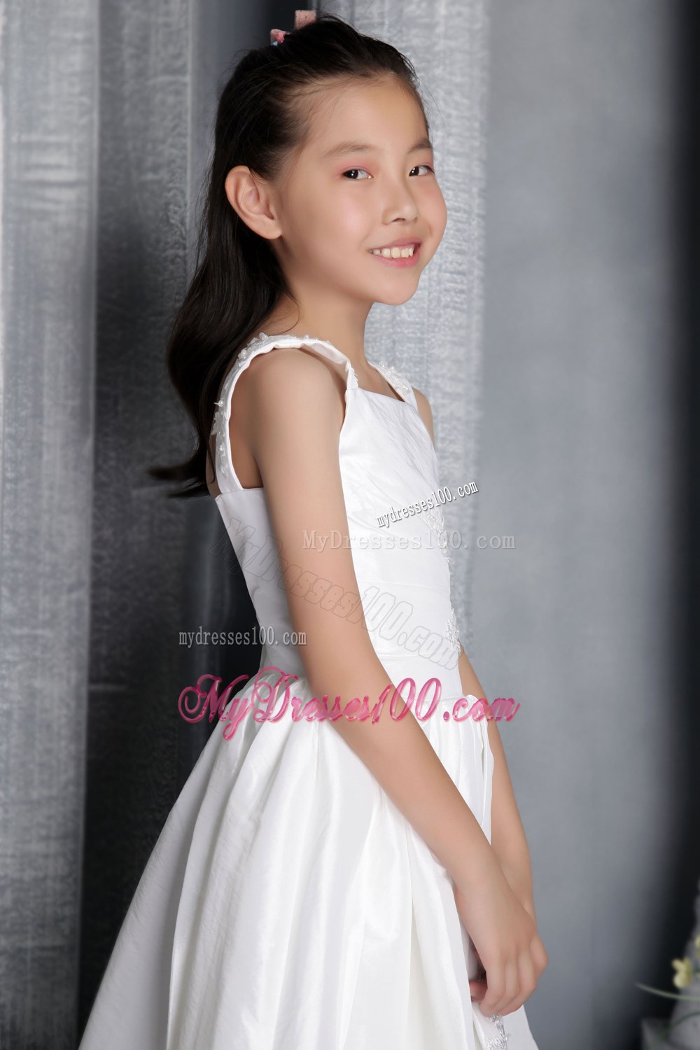 White Column Sheath Square Tea-length Appliques Flower Girl Dress