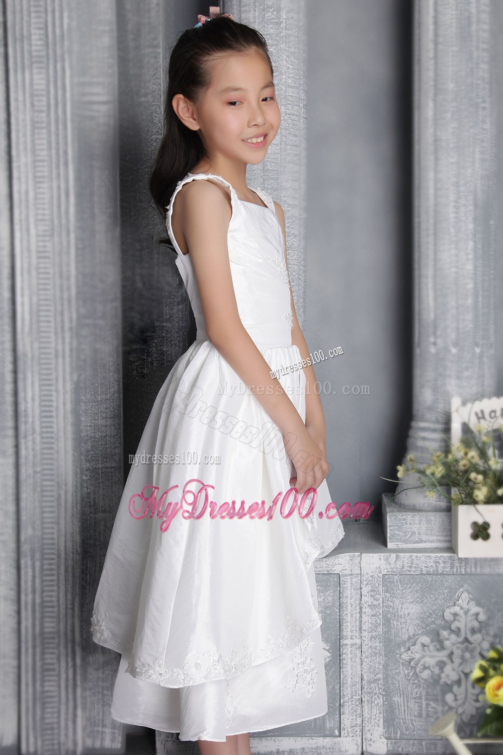 White Column Sheath Square Tea-length Appliques Flower Girl Dress