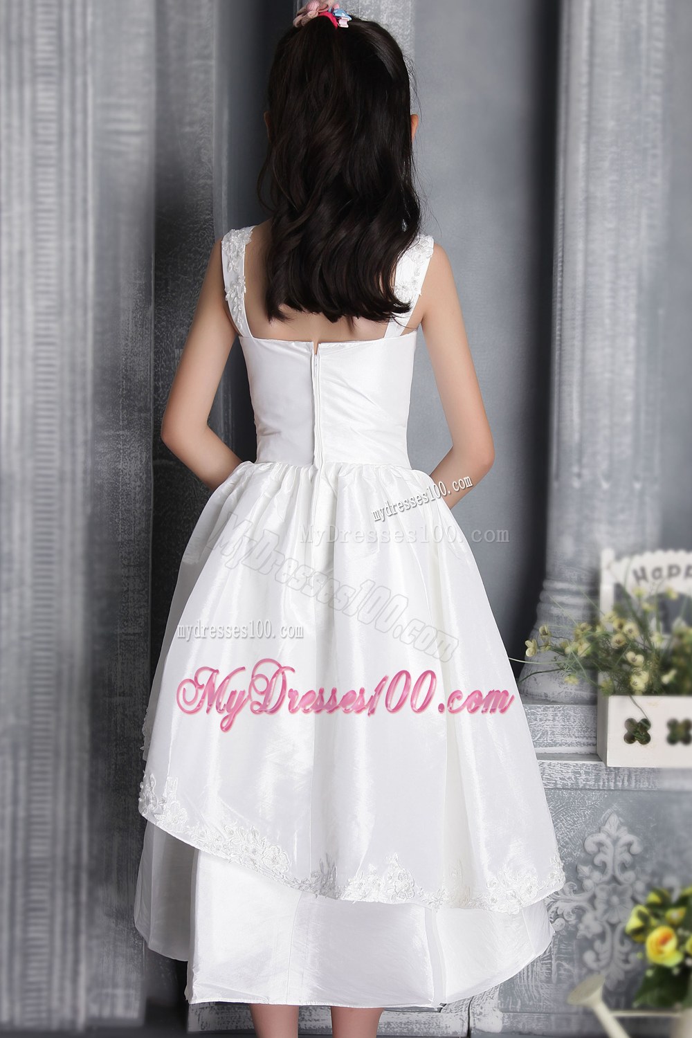 White Column Sheath Square Tea-length Appliques Flower Girl Dress