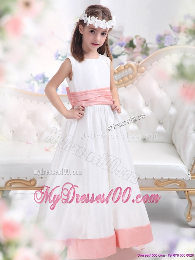 White Scoop 2016 Flower Girl Dress with Pink Waistband