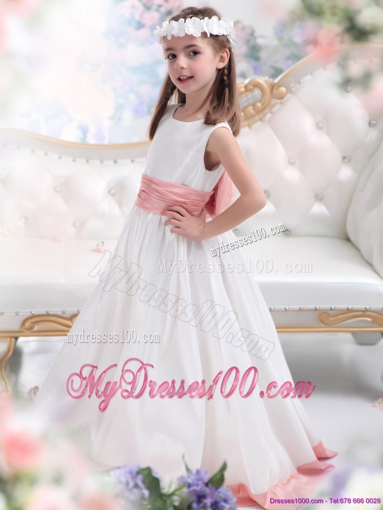 White Scoop 2016 Flower Girl Dress with Pink Waistband