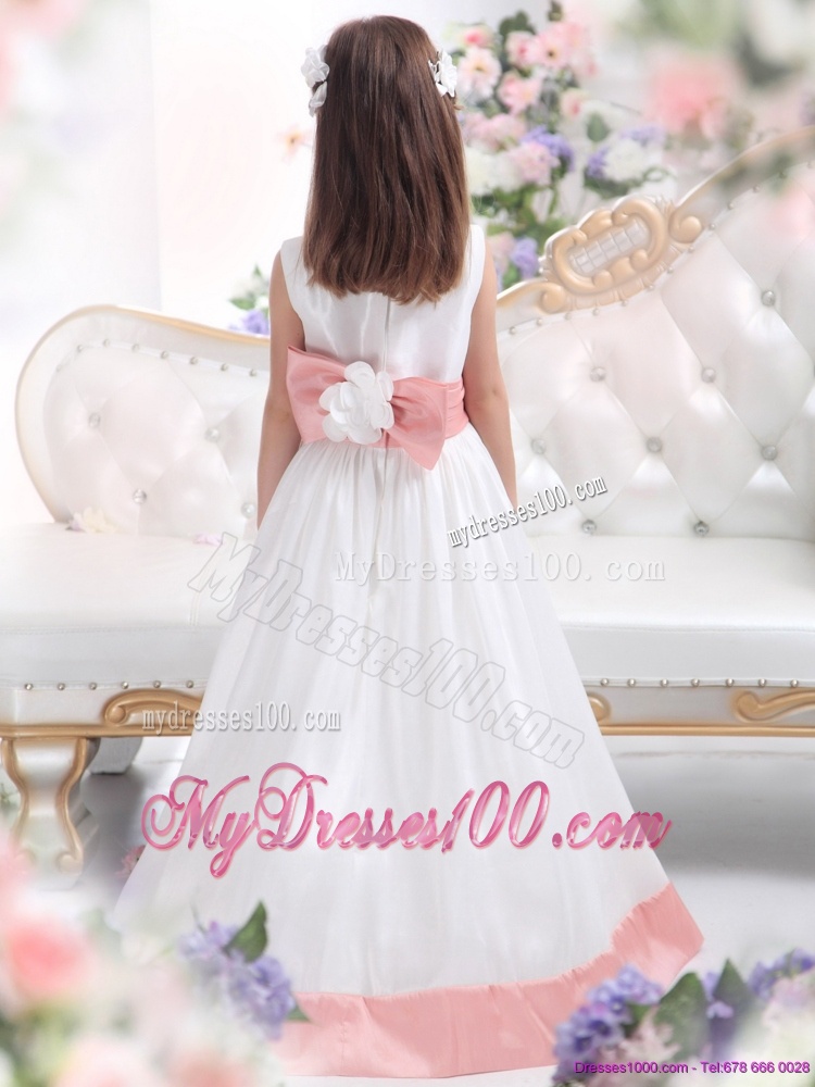 White Scoop 2016 Flower Girl Dress with Pink Waistband