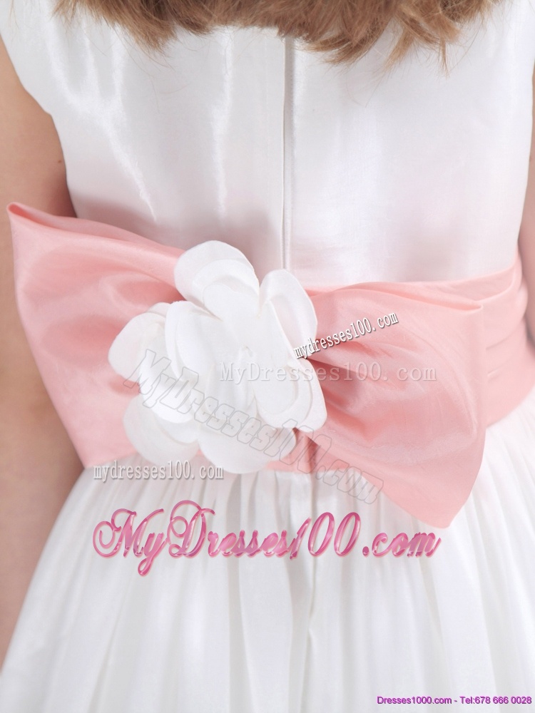 White Scoop 2016 Flower Girl Dress with Pink Waistband