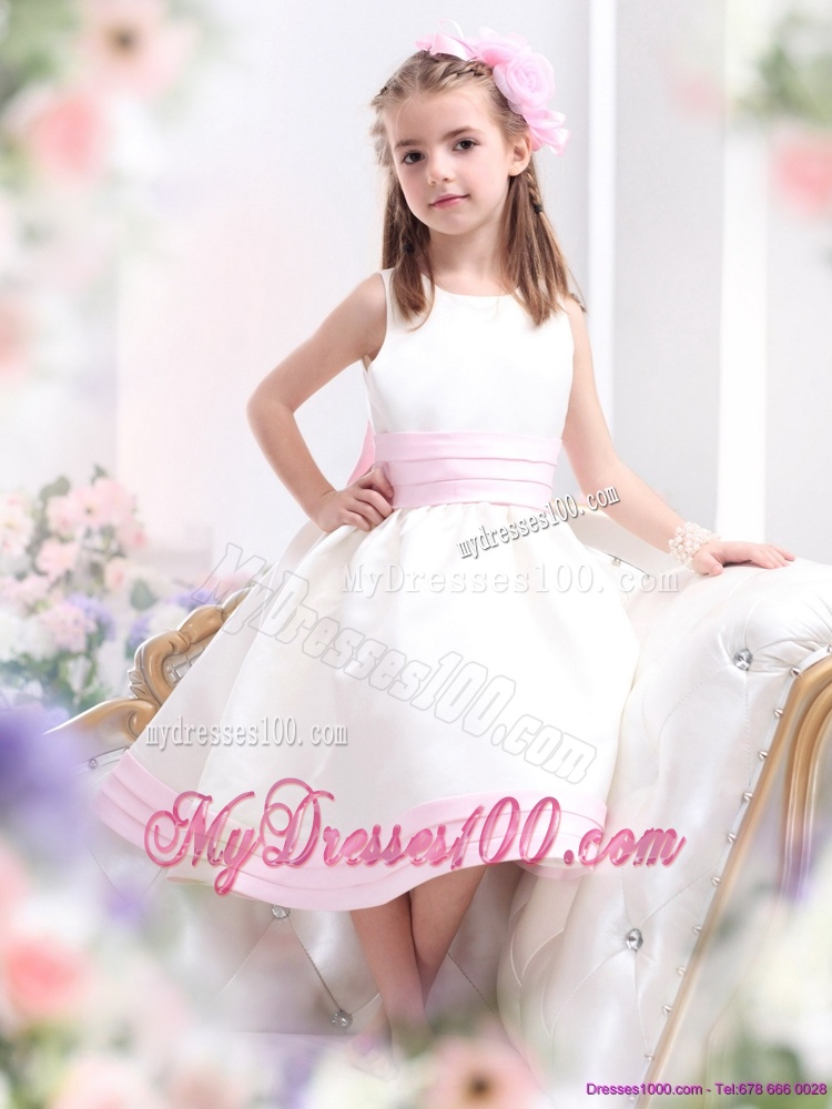 White Scoop Flower Girl Dress with Light Pink Bowknot