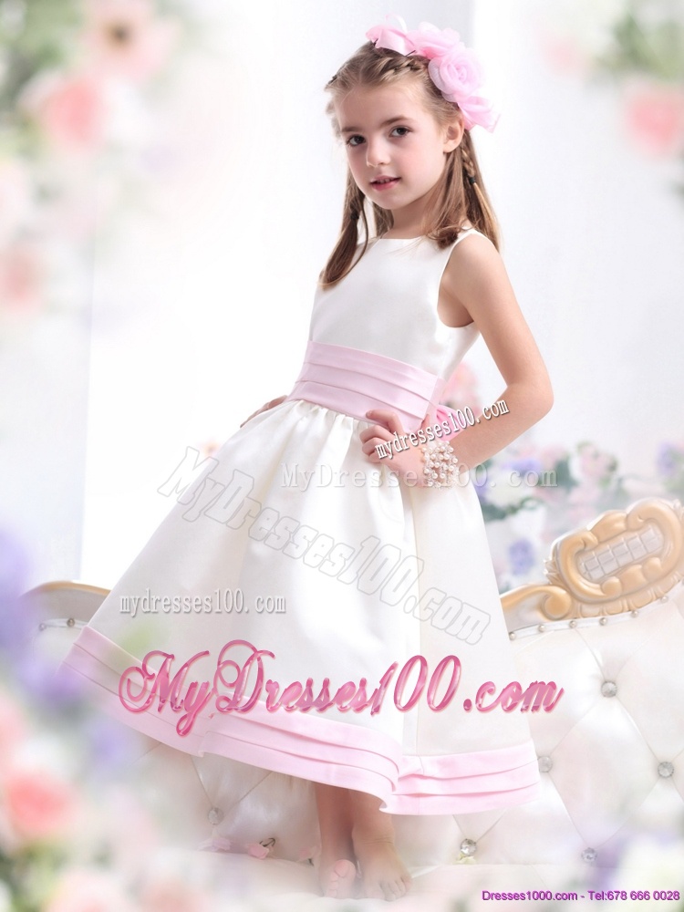White Scoop Flower Girl Dress with Light Pink Bowknot