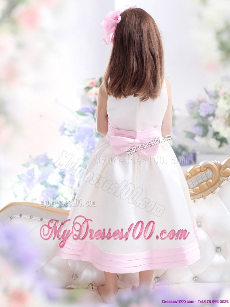 White Scoop Flower Girl Dress with Light Pink Bowknot