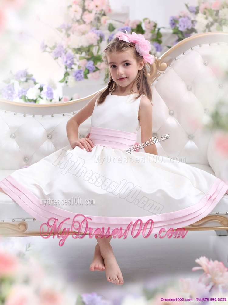 White Scoop Flower Girl Dress with Light Pink Bowknot