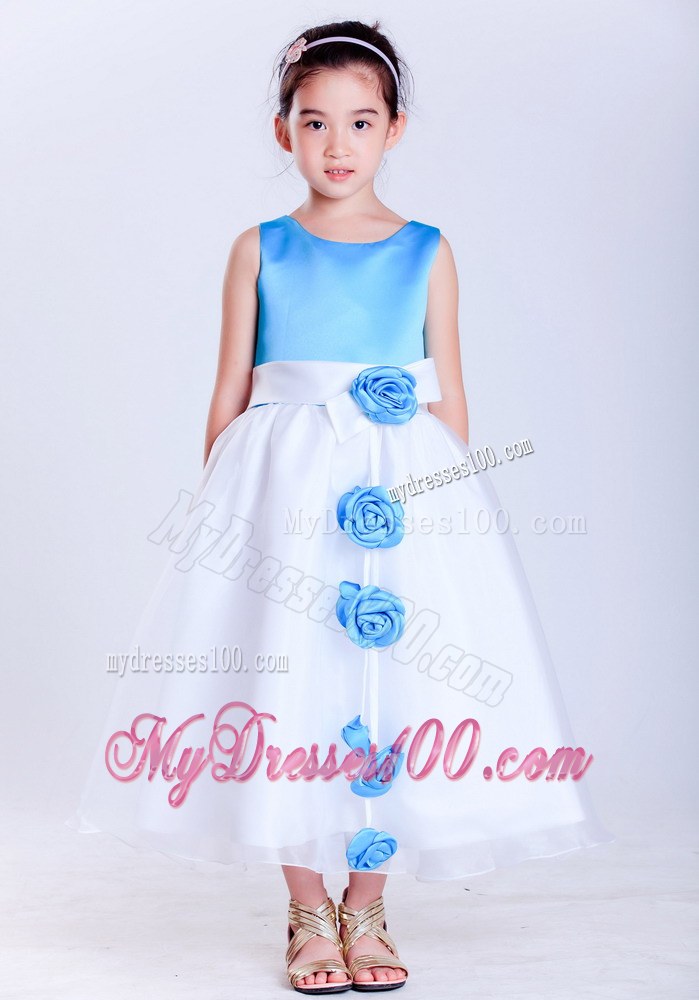 White and Baby Blue Scoop Hand Made Flowers Tea-length Flower Girl Dress