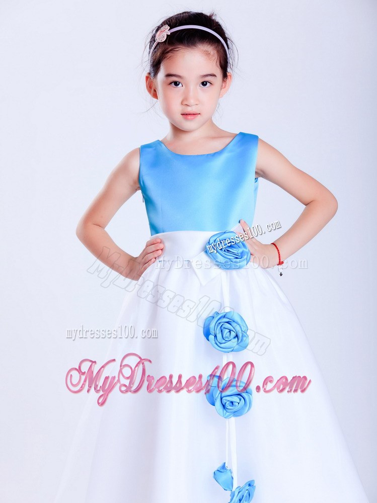 White and Baby Blue Scoop Hand Made Flowers Tea-length Flower Girl Dress