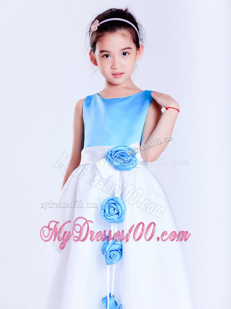 White and Baby Blue Scoop Hand Made Flowers Tea-length Flower Girl Dress