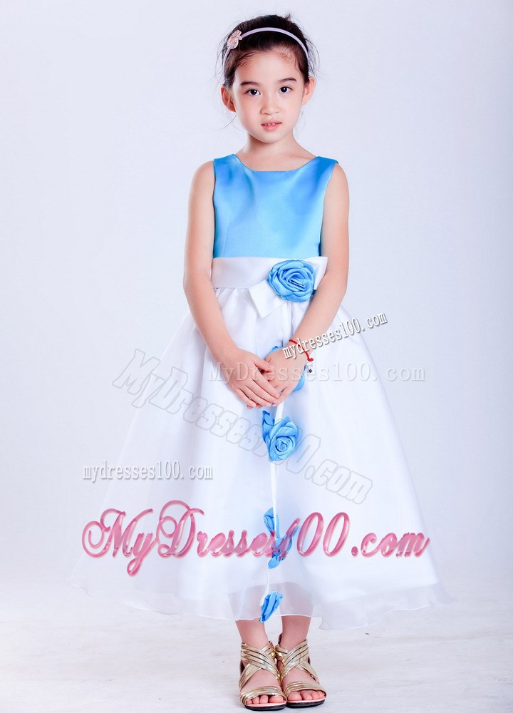 White and Baby Blue Scoop Hand Made Flowers Tea-length Flower Girl Dress