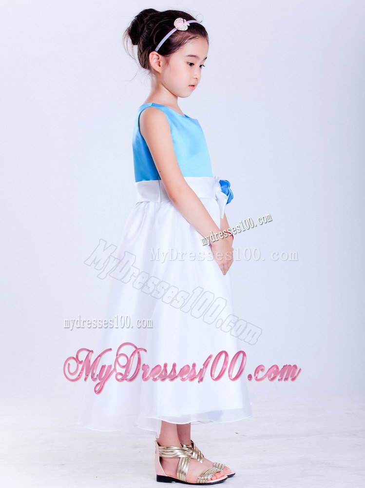 White and Baby Blue Scoop Hand Made Flowers Tea-length Flower Girl Dress