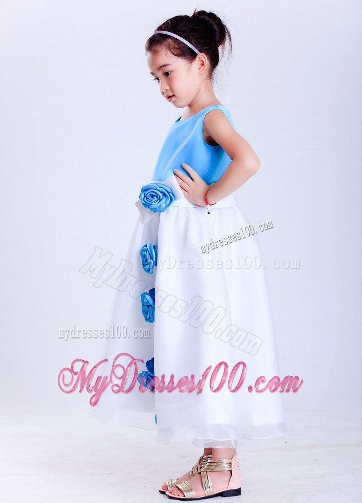 White and Baby Blue Scoop Hand Made Flowers Tea-length Flower Girl Dress