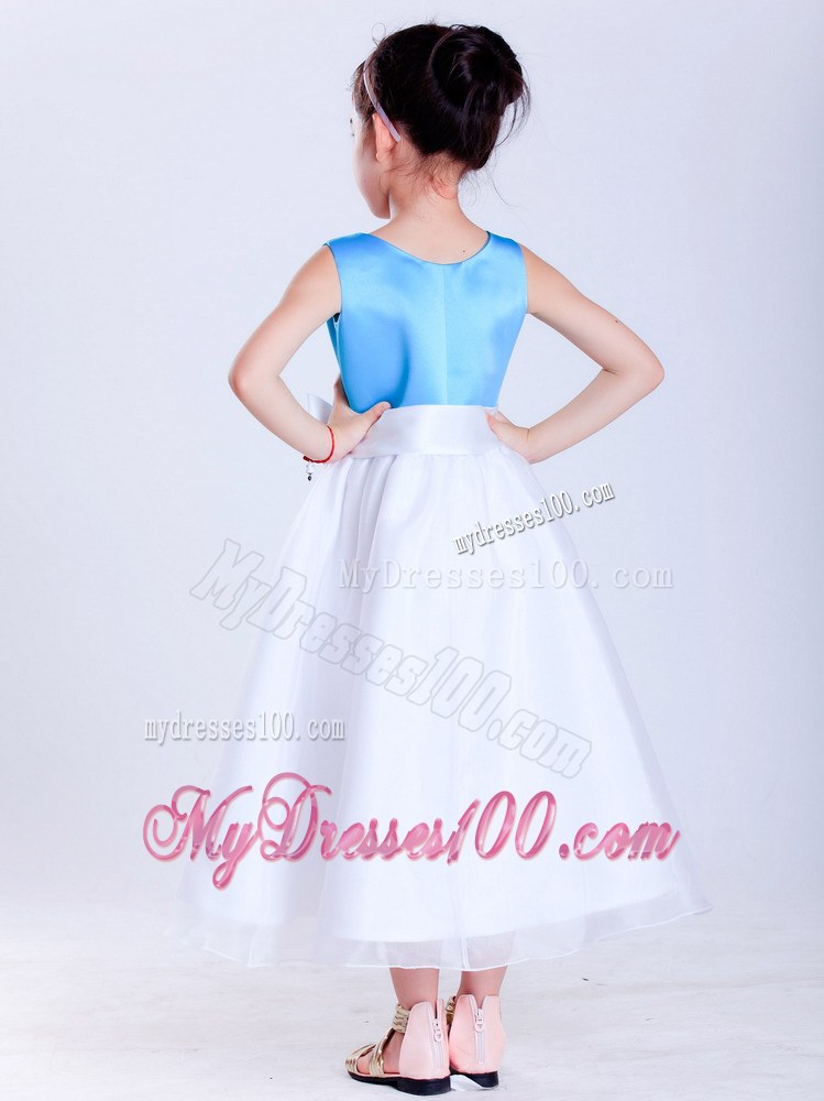 White and Baby Blue Scoop Hand Made Flowers Tea-length Flower Girl Dress