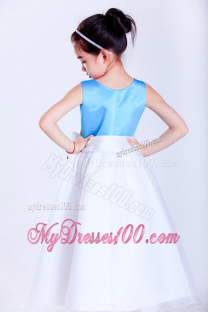 White and Baby Blue Scoop Hand Made Flowers Tea-length Flower Girl Dress