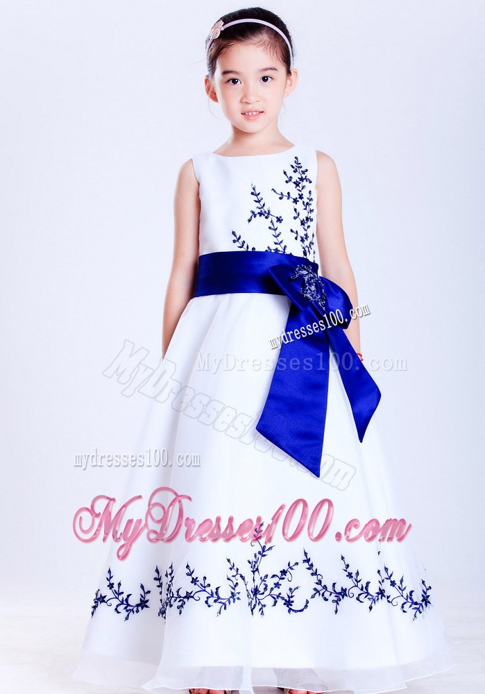 White and Blue Scoop Embroidery Ankle-length Flower Girl Dress