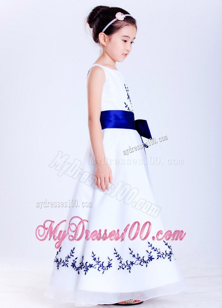 White and Blue Scoop Embroidery Ankle-length Flower Girl Dress