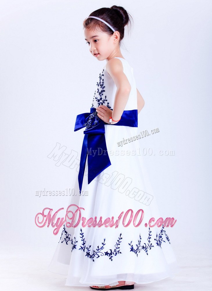 White and Blue Scoop Embroidery Ankle-length Flower Girl Dress