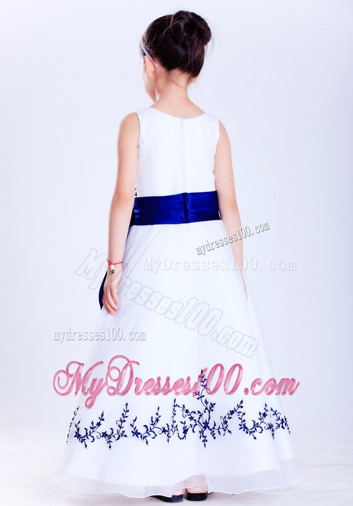 White and Blue Scoop Embroidery Ankle-length Flower Girl Dress