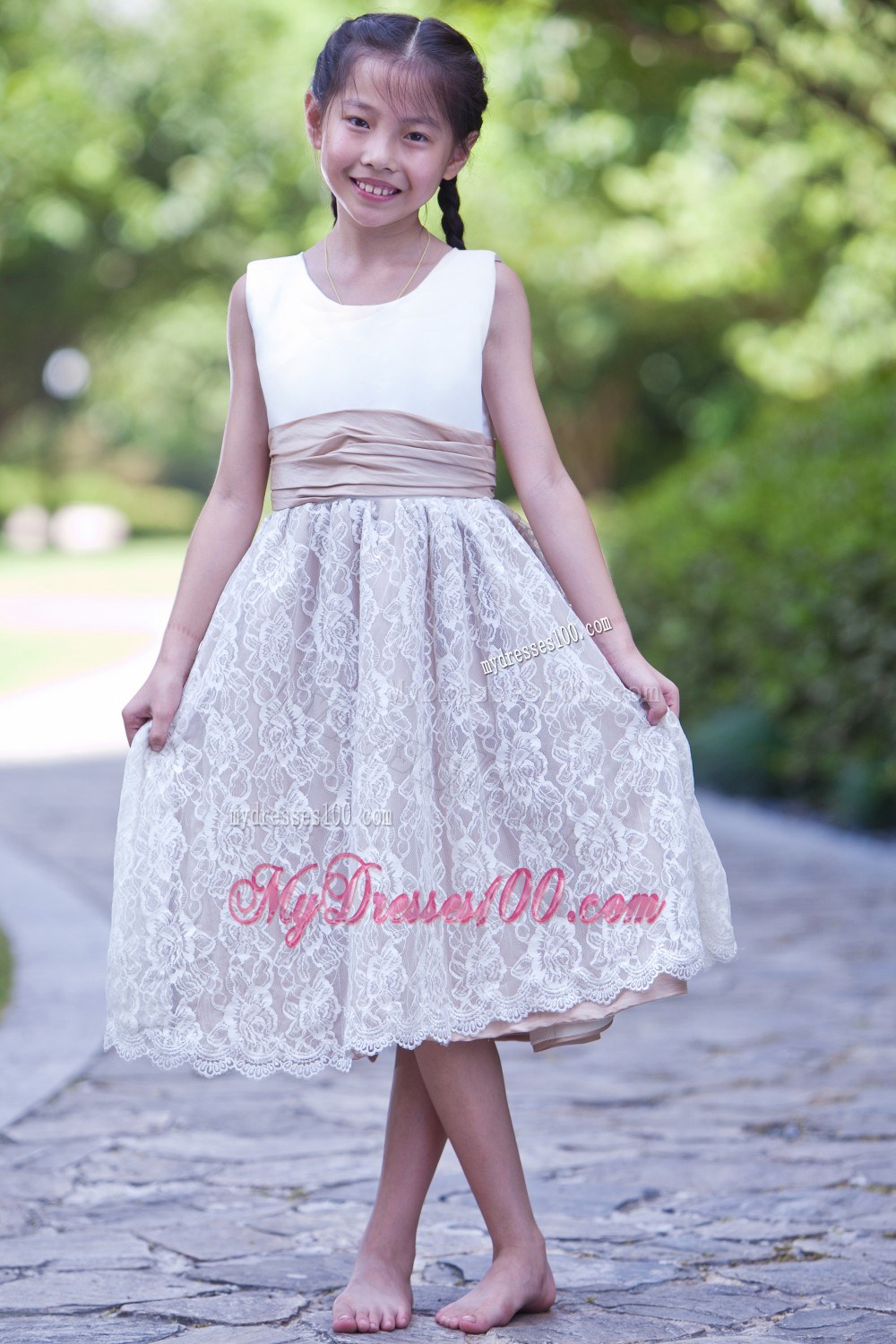White and Champagne Scoop Tea-length Lace Flower Girl Dress