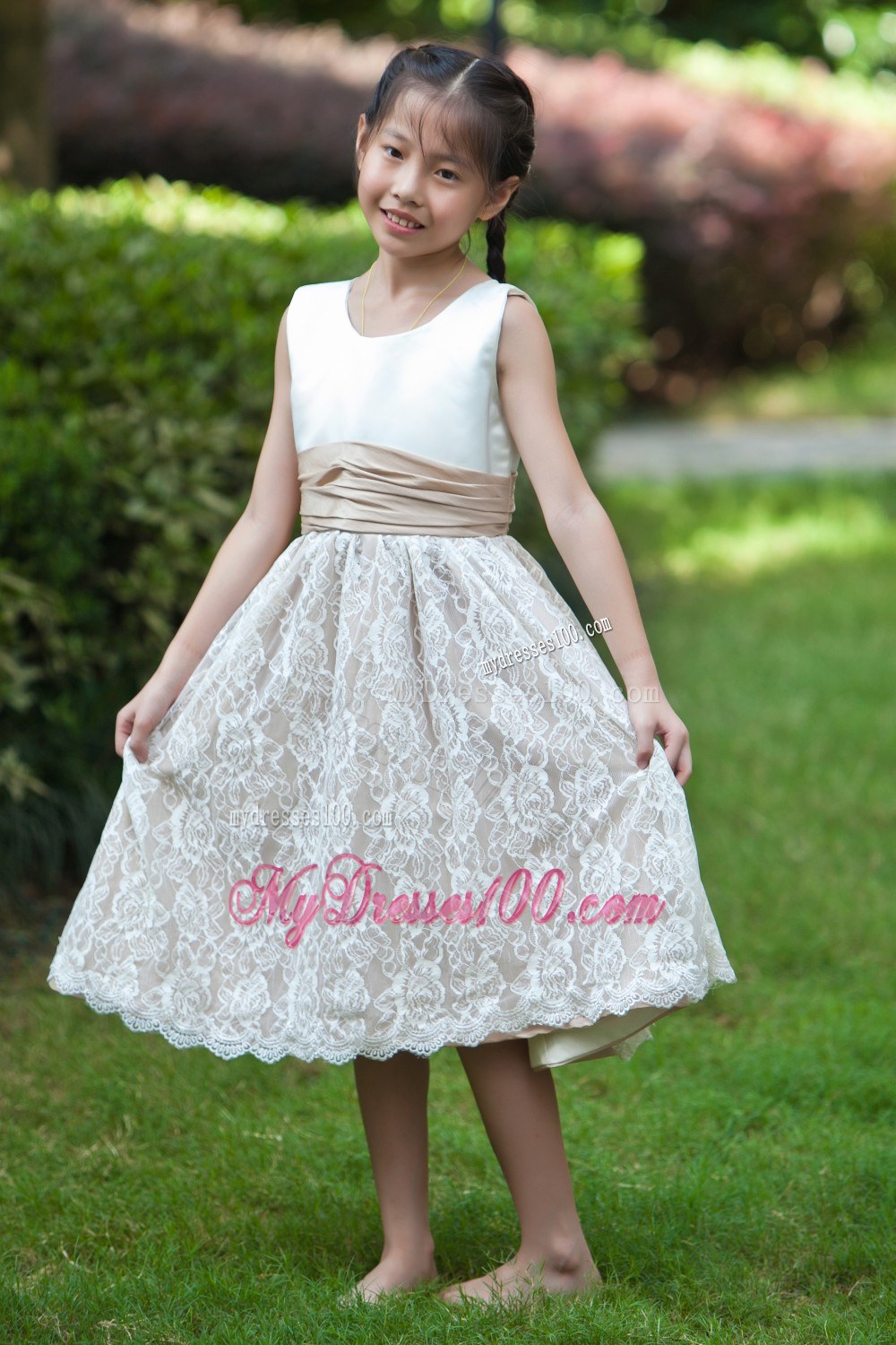 White and Champagne Scoop Tea-length Lace Flower Girl Dress