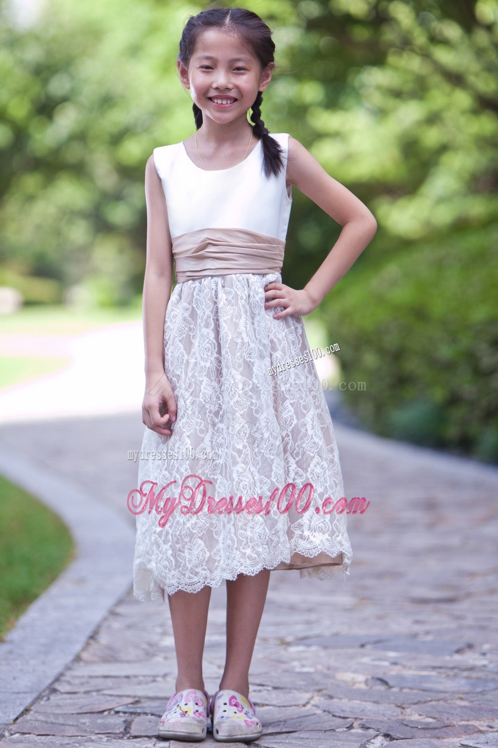 White and Champagne Scoop Tea-length Lace Flower Girl Dress