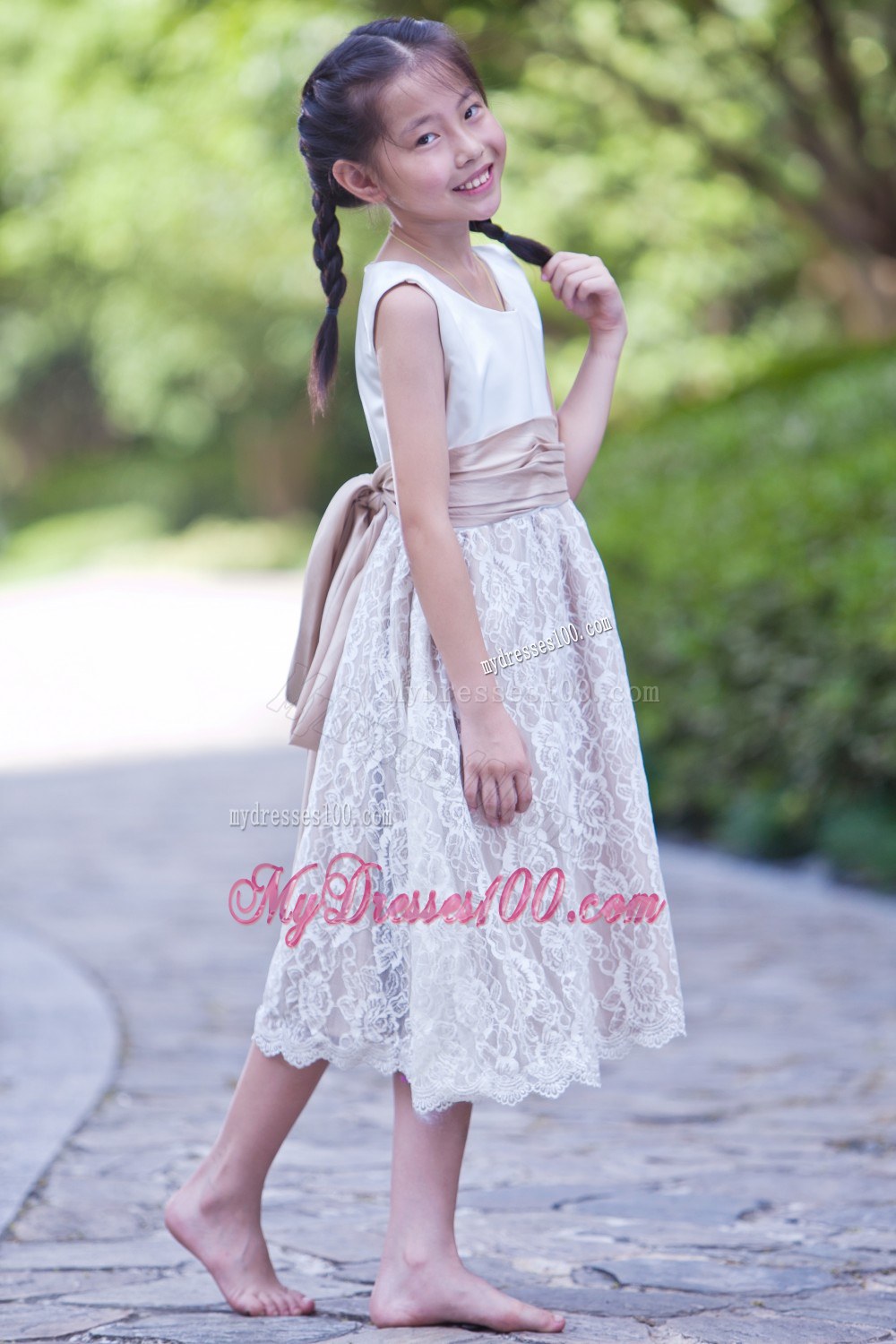 White and Champagne Scoop Tea-length Lace Flower Girl Dress