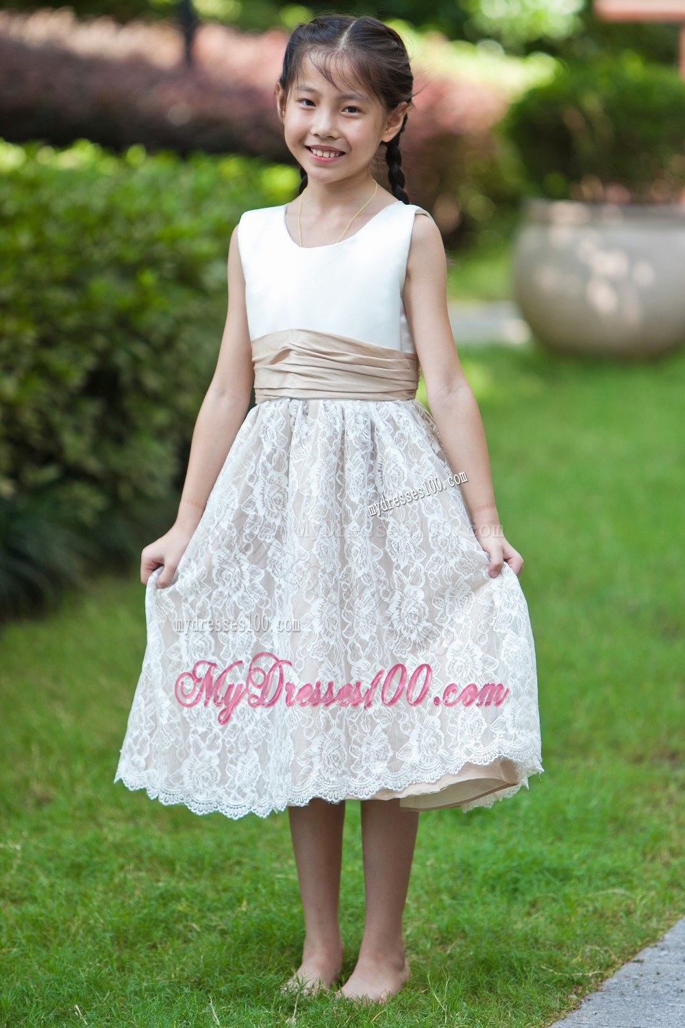White and Champagne Scoop Tea-length Lace Flower Girl Dress