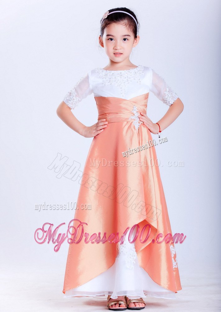 White and Orange Scoop Ankle-length Appliques Flower Girl Dress