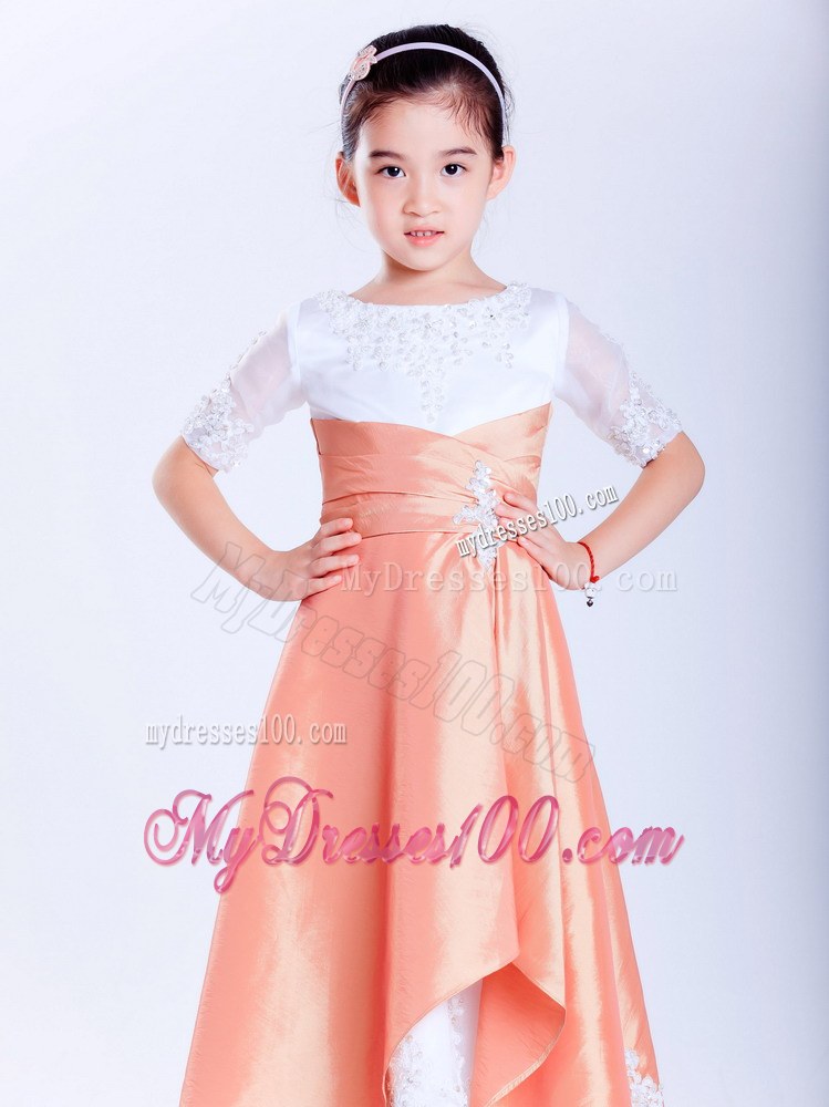 White and Orange Scoop Ankle-length Appliques Flower Girl Dress