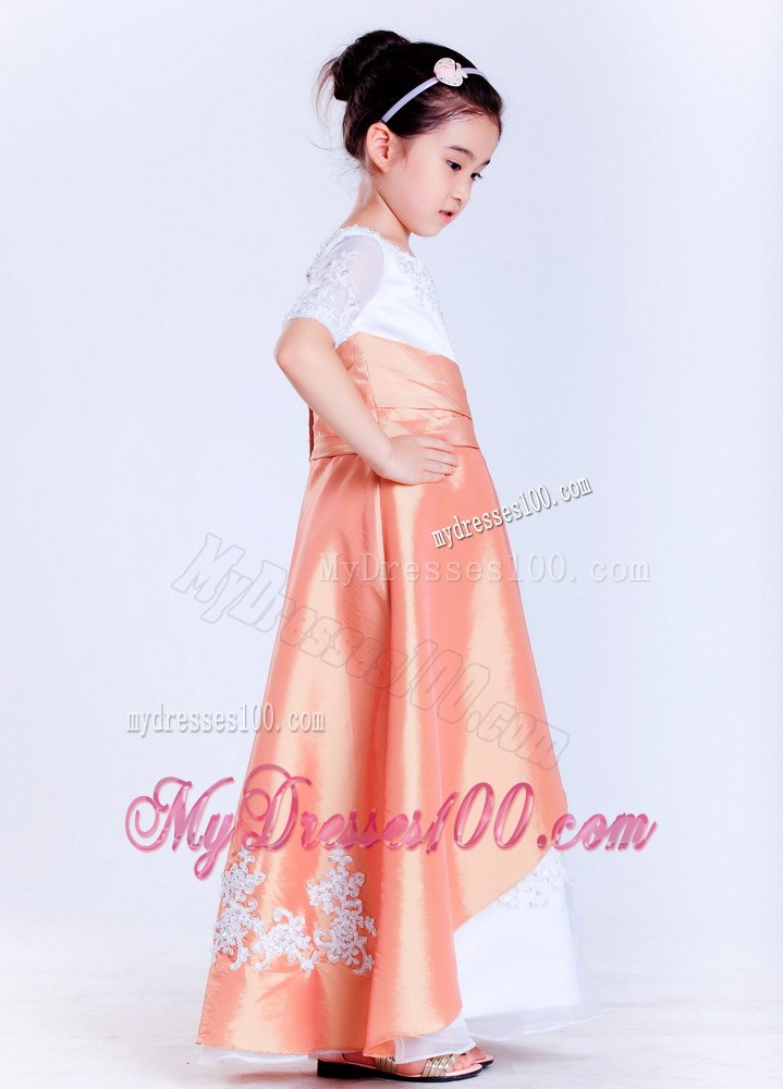 White and Orange Scoop Ankle-length Appliques Flower Girl Dress